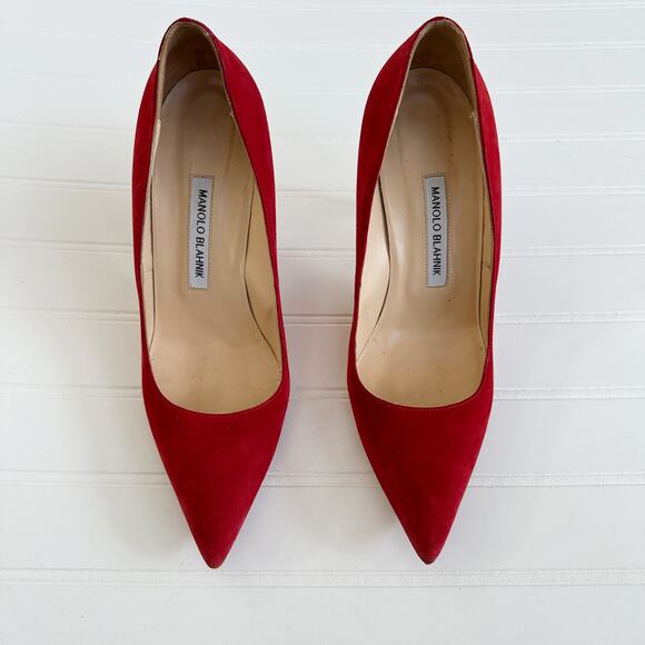 Manolo Blahnik BB Red Suede Pumps Pointed Toe Stiletto Heels Size 40 2" - Picture 10 of 10